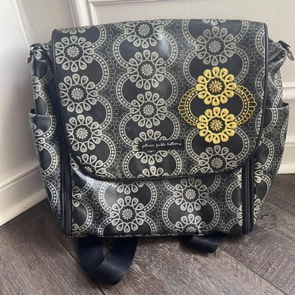 Petunia Pickle Bottom Diaper Bag Backpack Gray & Black, fold out changing